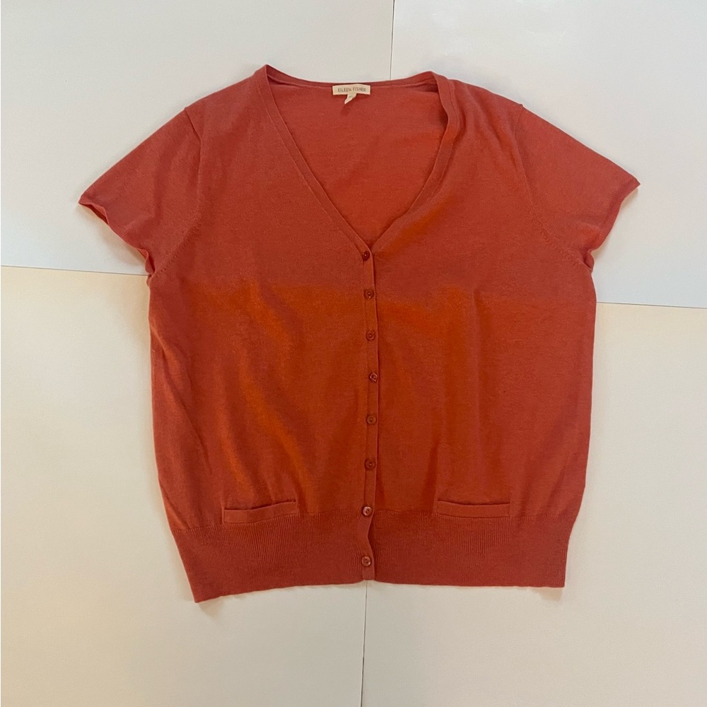 Eileen Fisher Women’s Short Sleeve Cardigan Sweater Coral Rose XL Cashmere Pink